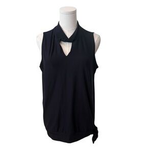 Women's M/L Dark Navy Blue Sleeveless Stretch Casual Tie Waist Blouse Top